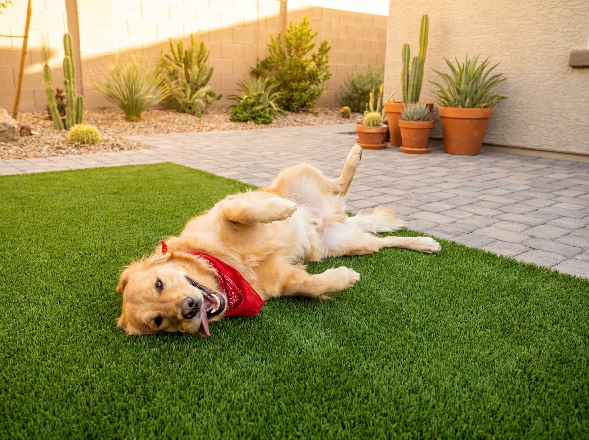 Happy dog relaxing on a freshly cleaned turf backyard in Las Vegas