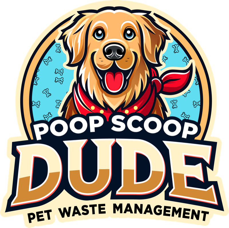 Poop Scoop Dude logo, golden retriever in red bandana