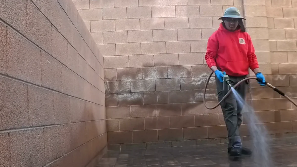 Poop Scoop Dude hosing down a paver patio and block wall on a deodorizing and sanitizing visit.