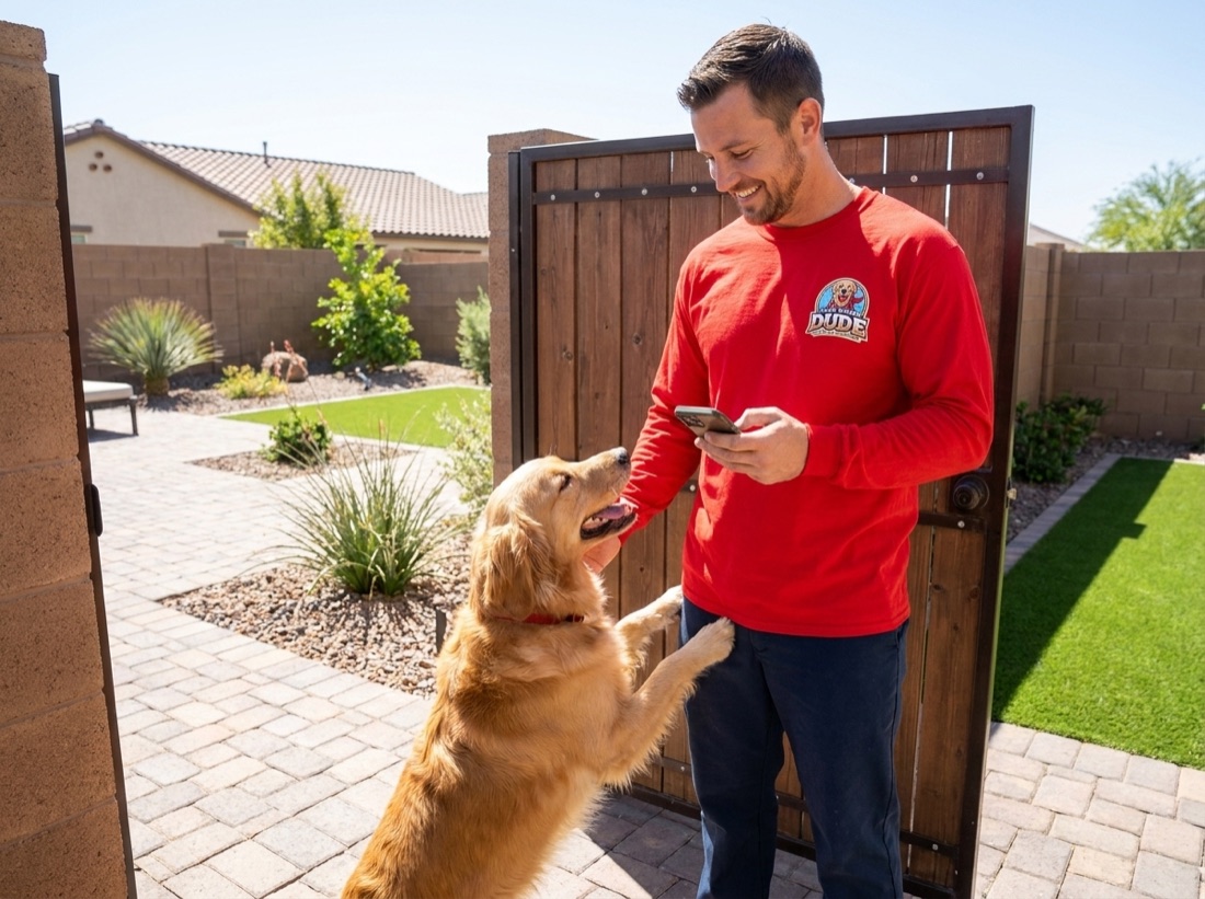 Poop Scoop Dude greeting a dog at the backyard gate to start service
