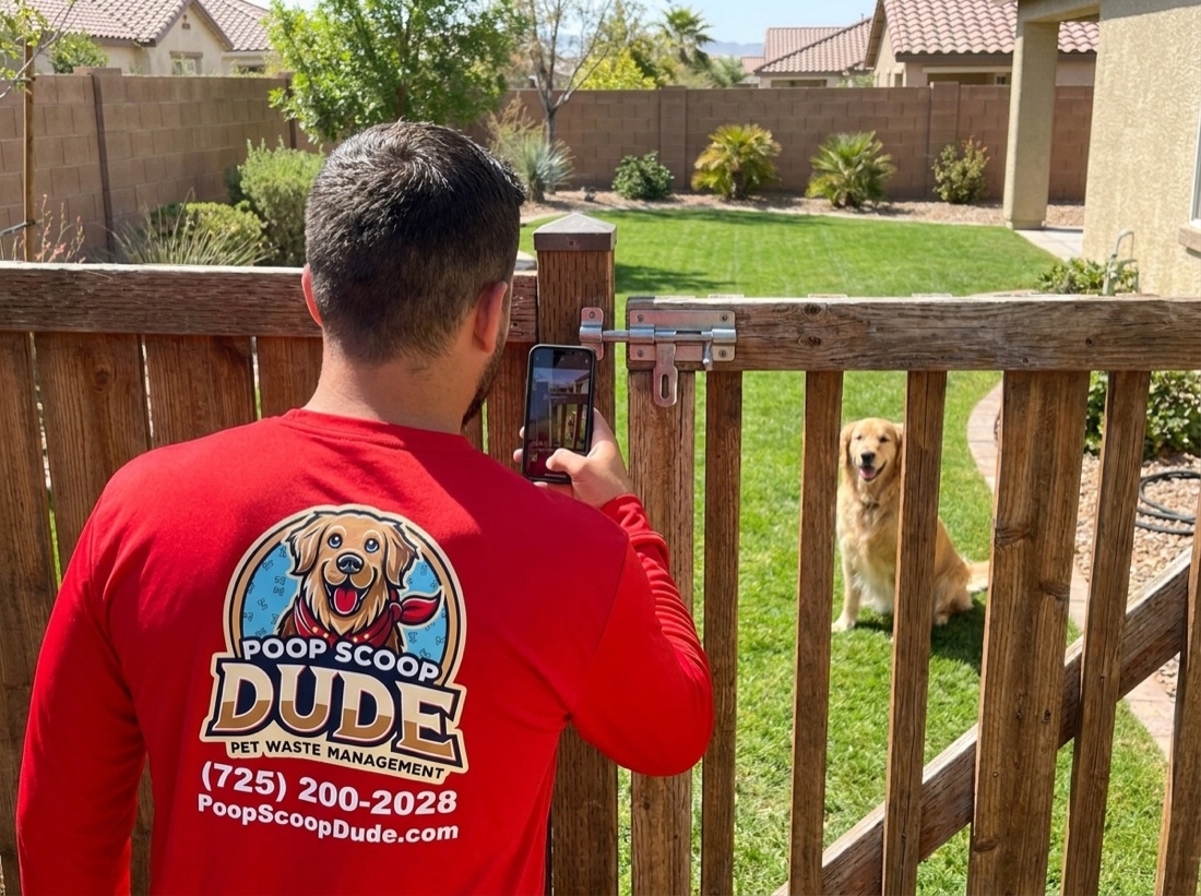 Poop Scoop Dude taking a closed-gate photo as proof on every visit