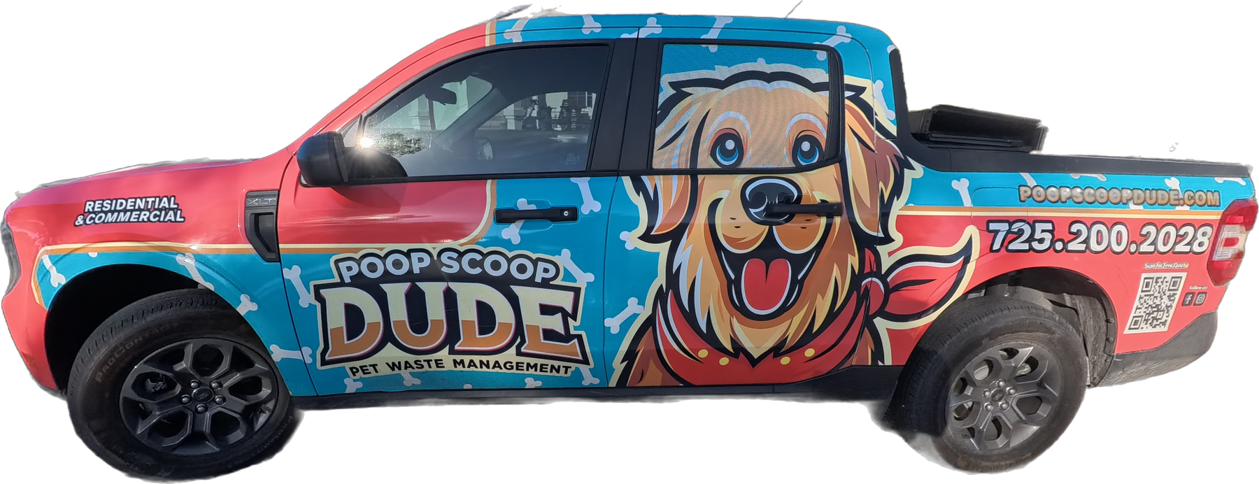 The Poop Scoop Dude work truck, driver side, wrapped with the golden retriever mascot, phone 725 200 2028, and poopscoopdude.com